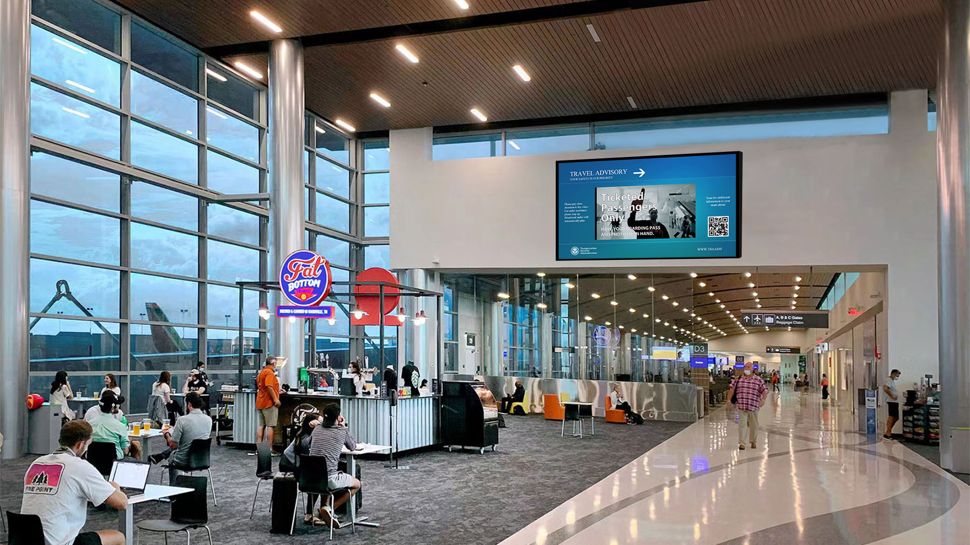 travelers, airport communications, digital signage